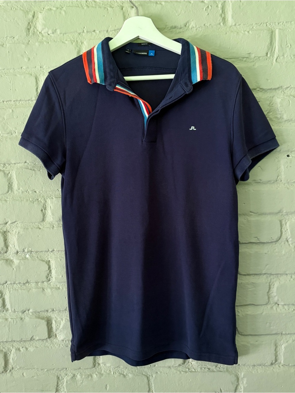 J.Lindeberg Navy Polo with Red, Teal and White Stripe Collar